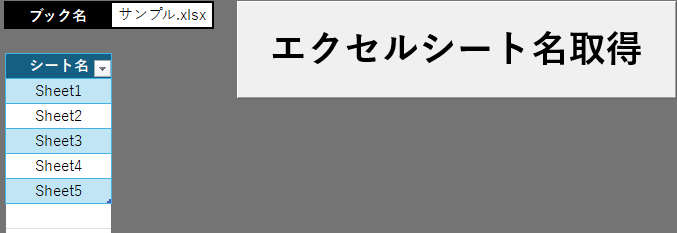 Excelシート名自動取得ツールのブック名, シート名を取得した様子