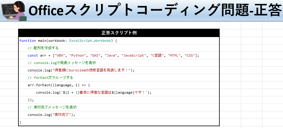 Officeスクリプト学習ツール-#35 テーマ:forEachで配列をループしよう！の正答シート